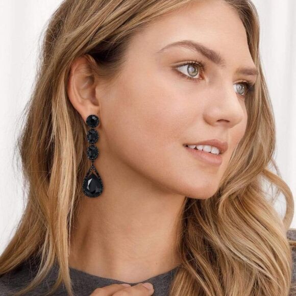 Carbon Black with Black Onyx Crystal Teardrop Halo Chandelier Post Back Earrings - Picture 5 of 6